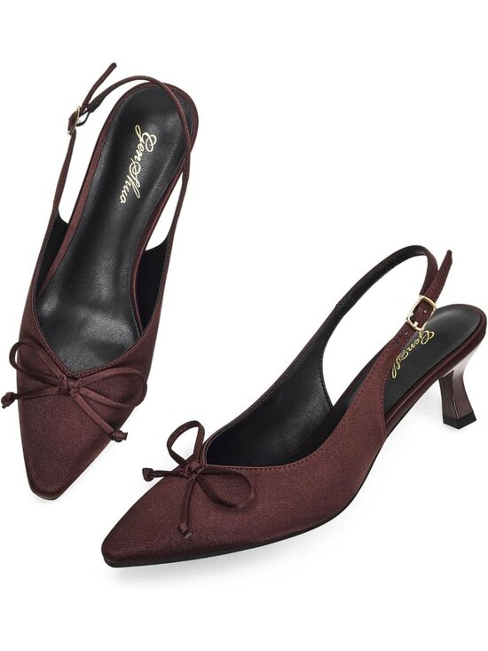 Shoes - Women's Brown Satin With Bowknot Slingback Pump Closed Toe Low Kitten Heel Shoes